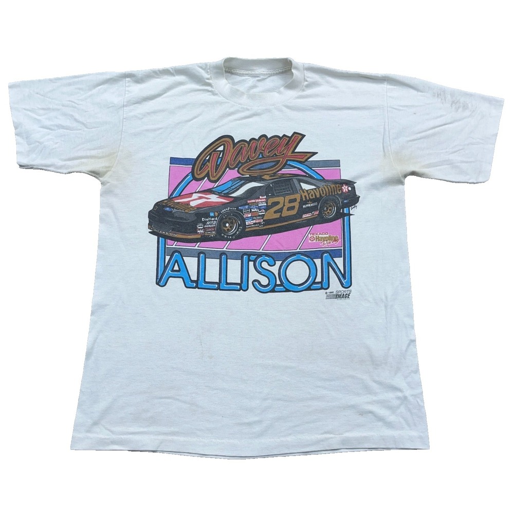 Vintage Davey Allison Shirt Men Large White Nascar 90s Single Stitch Havoline B1